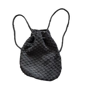 Vintage Woven Drawstring Bucket Backpack Black Medium Size